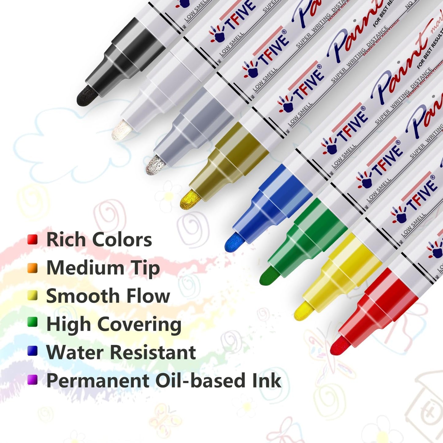 TFIVE Paint Markers Pens Set, 8 Color Oil-Based Permanent Paint Marker, Medium Tip, Quick Dry and Waterproof Pen for Rock Painting, Ceramic, Wood, Fabric, Plastic, Canvas, Glass, Mugs