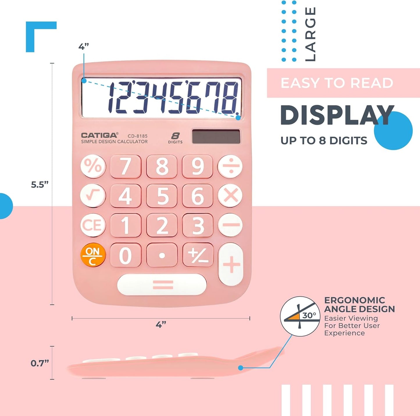 CATIGA Desktop Calculator 8 Digit with Solar Power and LCD Display, Big Buttons, for Home, Office, School, Class and Business, 4 Function Small Basic Calculators for Desk, CD-8185