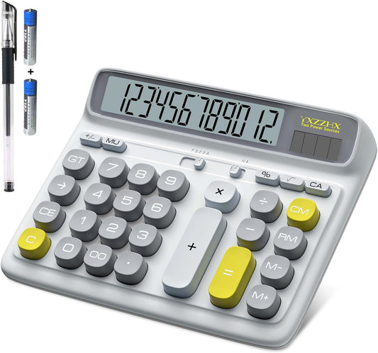 Desktop Calculator with Extra Large 5-Inch LCD Display, 12-Digit Two Way Power Solar & Battery Office Calculator with Big Buttons for Business, Accounting & Home Use(White)