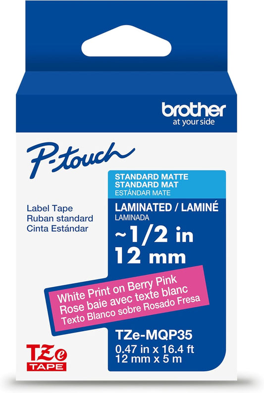 Brother Genuine P-Touch TZe White Print on Berry Pink Label Tape (TZeMQP35), Laminated,1/2in x 16.4ft (12mm x 5m), for Select P-Touch Label Makers, Durable, Water-Resistant, Indoor/Outdoor Use