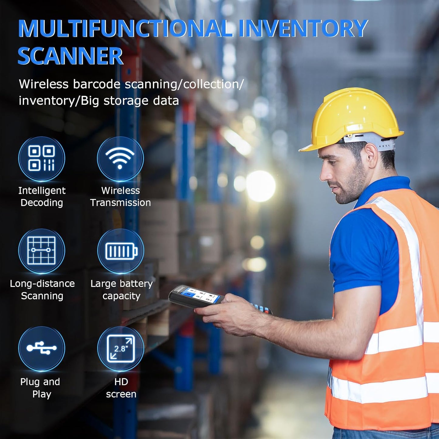 1D 2D Barcode Scanner Wireless, JRHC Portable Inventory Scanner & Data Collector Data Terminal PDT Inventory Device with Long Transmission Distance 2.4G Wireless Bar Code Reader with 2.8" LCD Screen