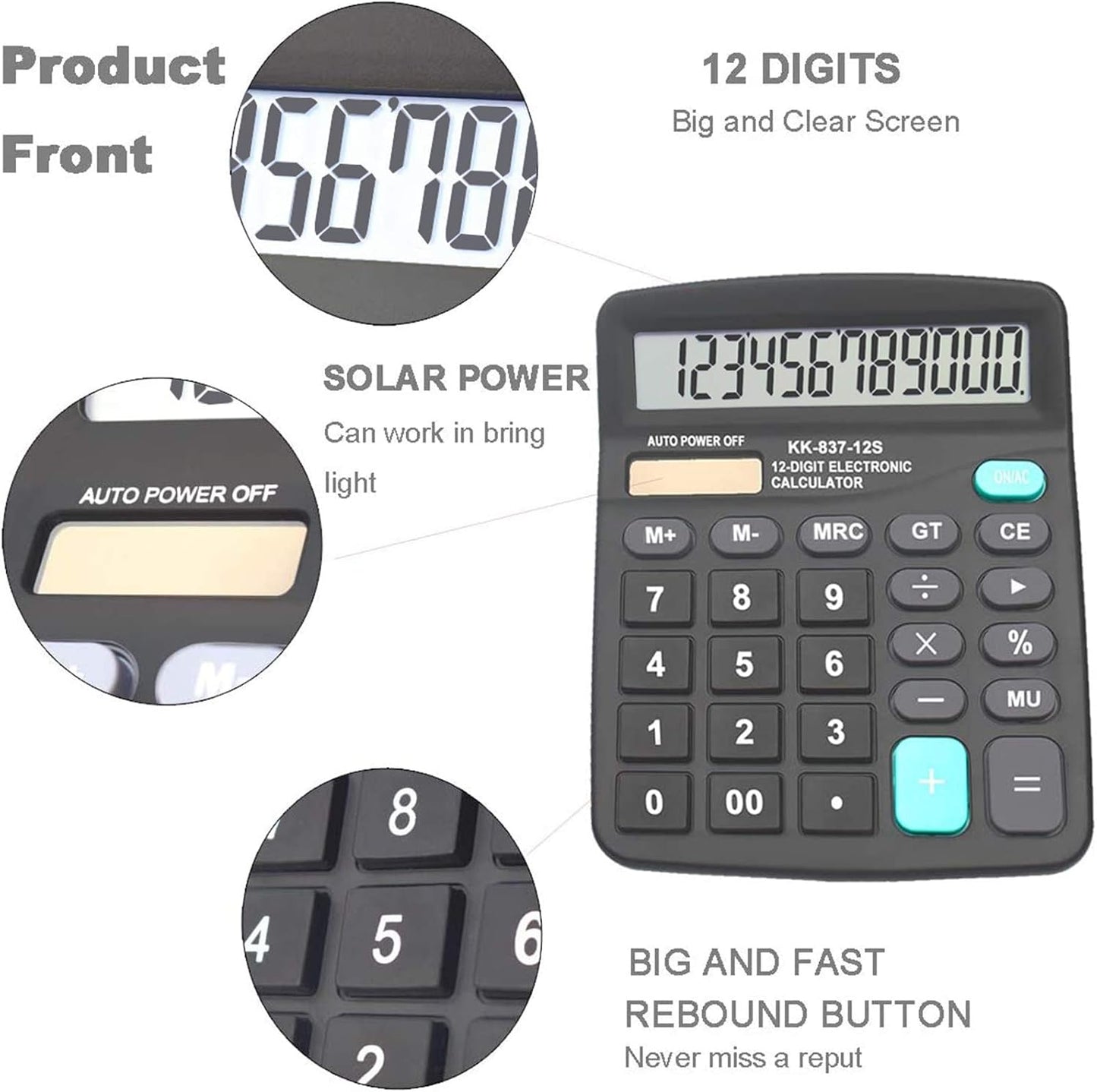 Calculators for Desk, BESTWYA 12-Digit Dual Power Handheld Desktop Calculator with Large LCD Display Big Sensitive Button (Black,Pack of 4)