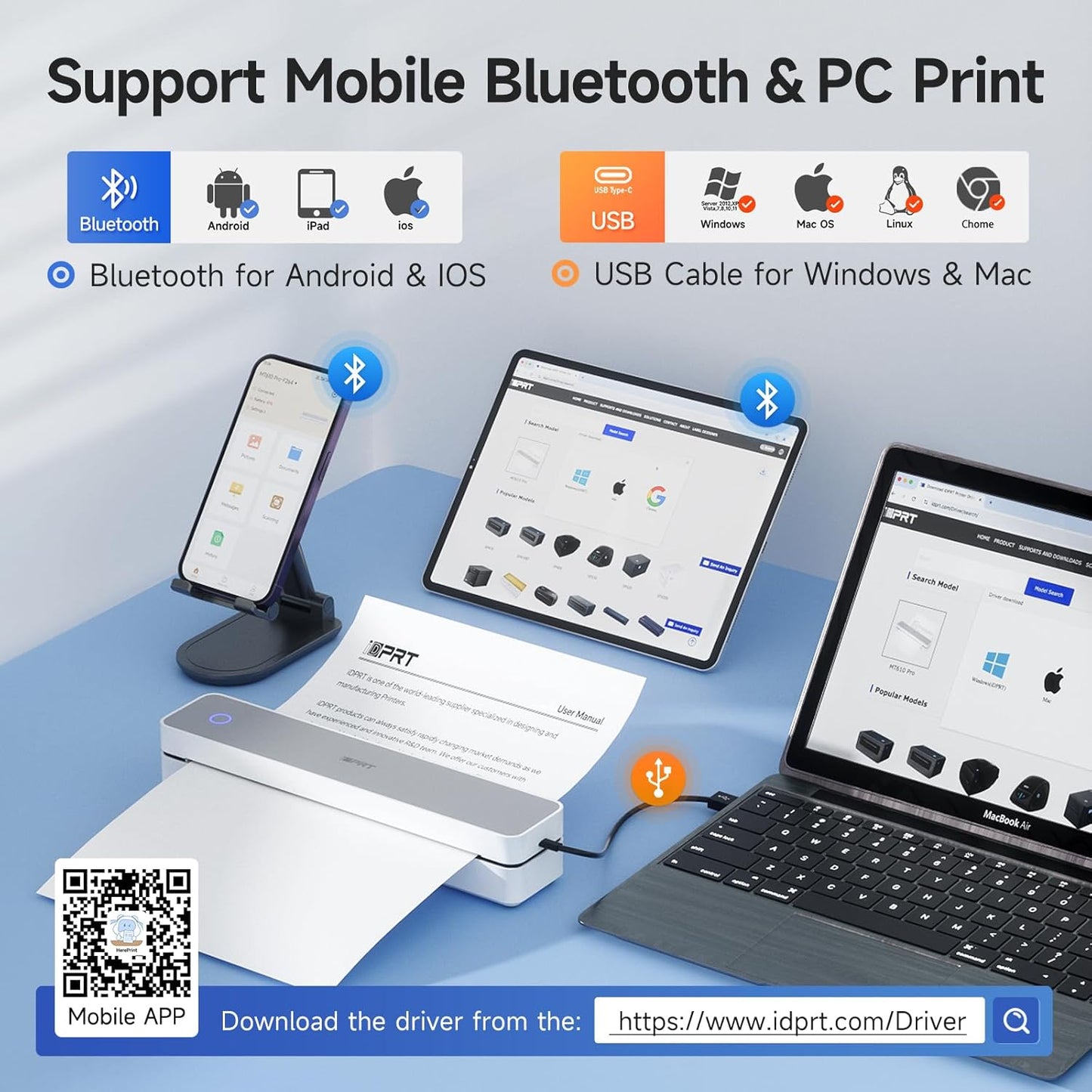 iDPRT Portable Printer Wireless for Travel - 203DPI Bluetooth Mobile Printer Support for 8.5"x11" US Letter, Inkless Compatible with iOS, Android, Laptop for Office, Car and Home, School