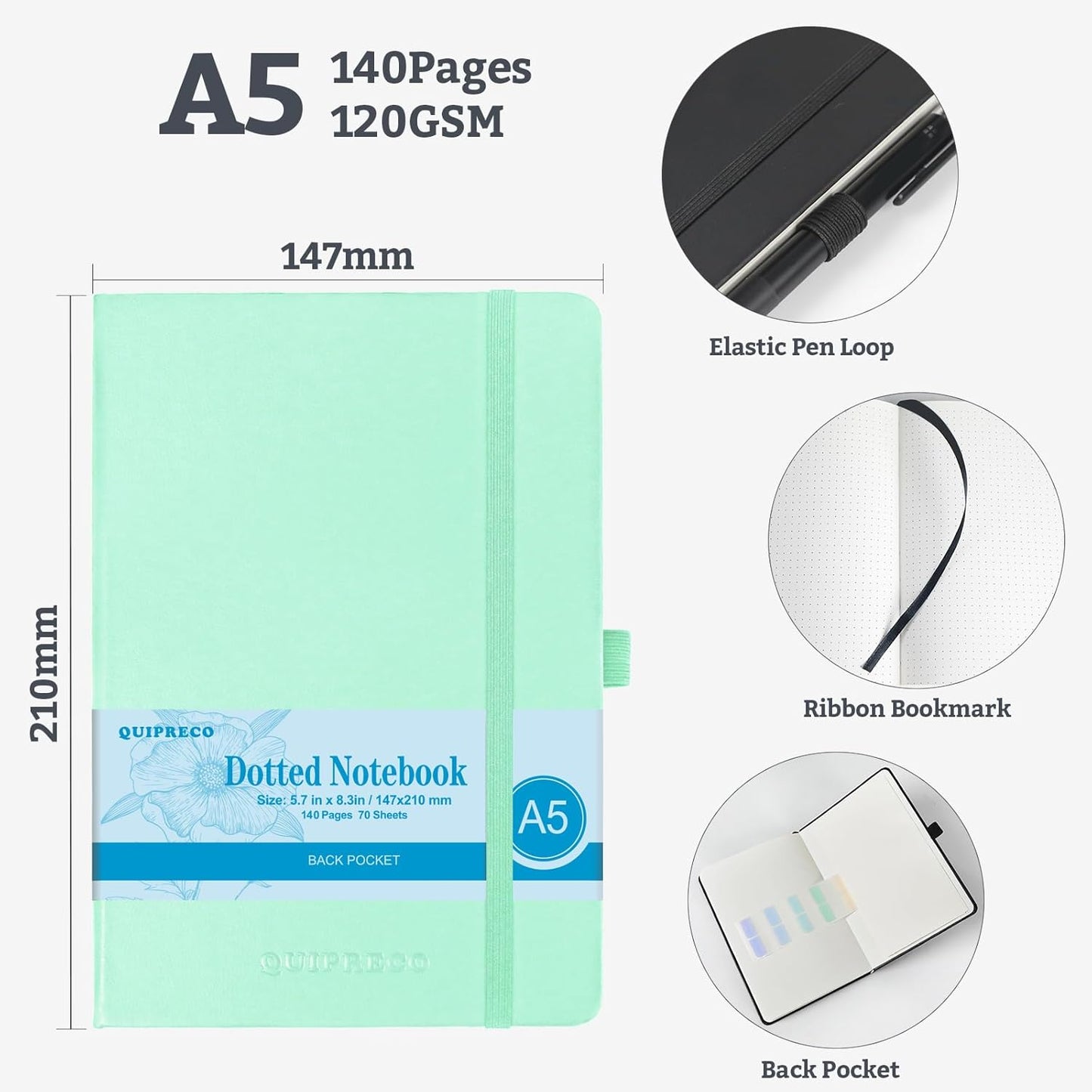 Bullet Dotted Hardcover Journal Notebook, A5 140 Pages 120Gsm Thick Paper for School,Note Taking,Work,Diary，5.7''*8.3'',Light Green
