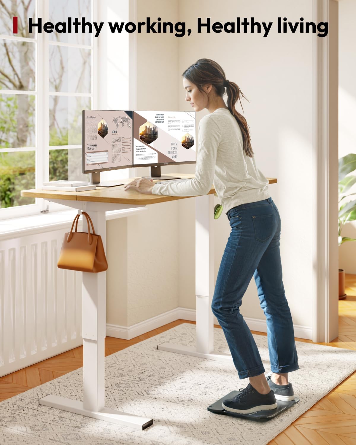 SANODESK Standing Desk Height Adjustable Electric Stand up Desk 48x24 Inches Sit Stand Home Office with Splice Board, White Frame/Maple Top
