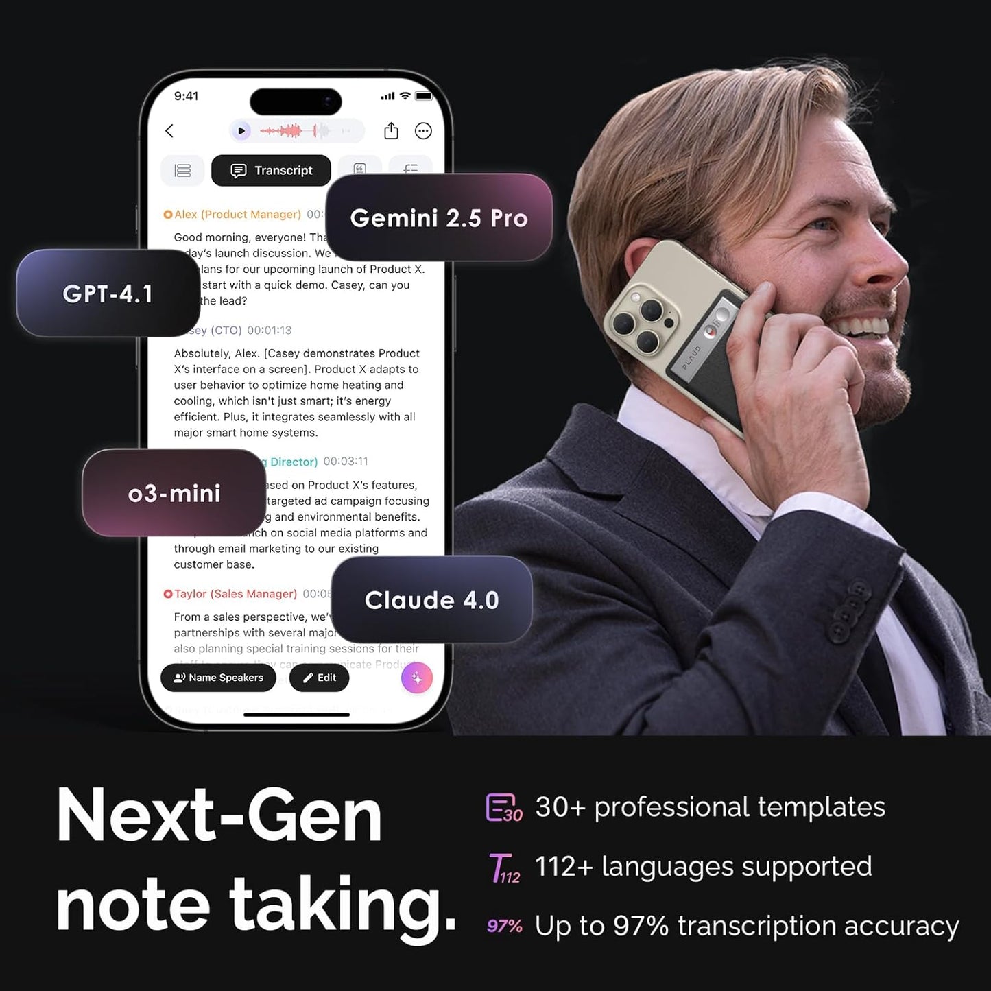 AI Voice Recorder, Note Voice Recorder w/Case, App Control, Transcribe & Summarize with AI Technology, Support 112 Languages, 64GB Memory, Audio Recorder for Lectures, Meetings, Calls, Silver