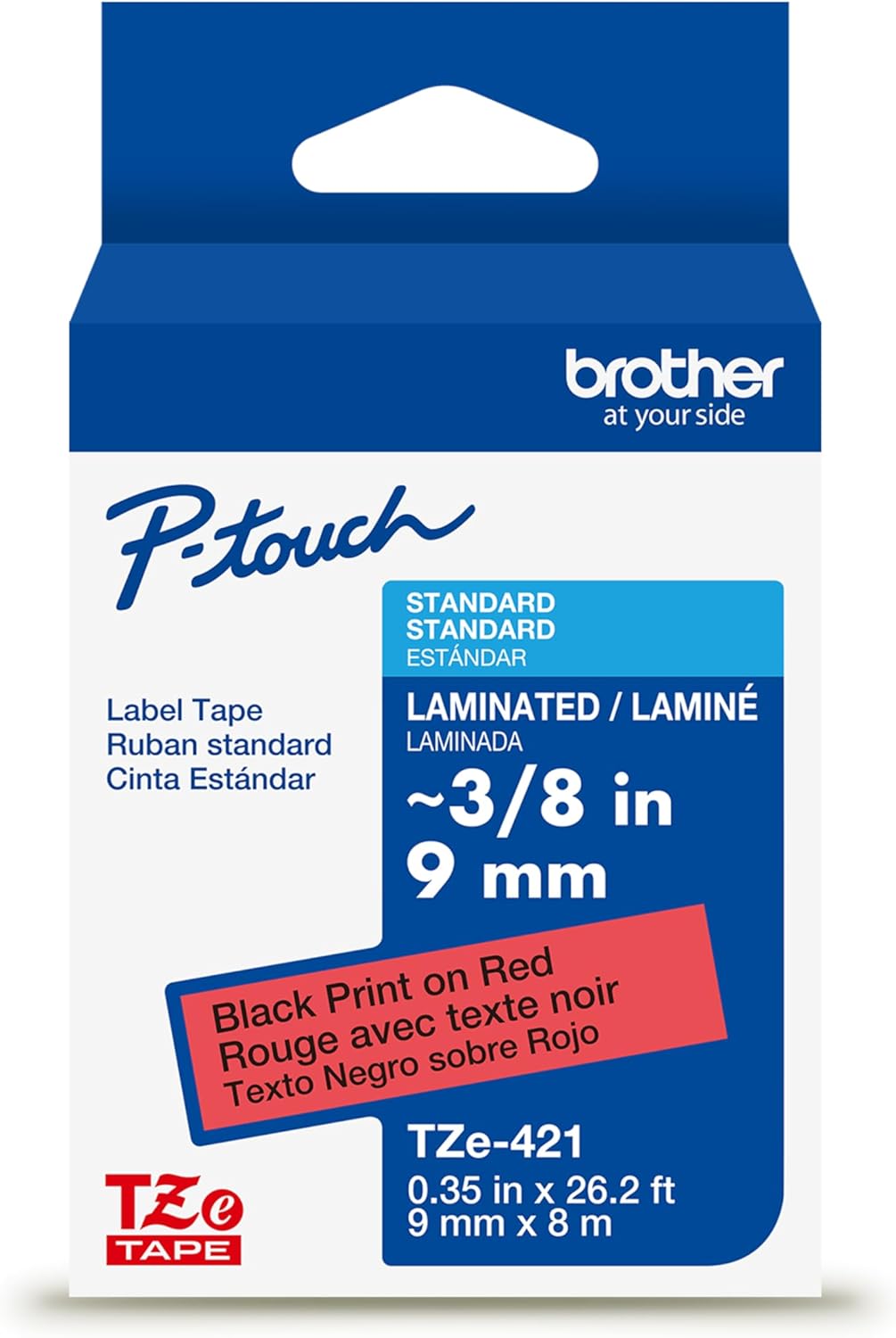 Brother Genuine P-Touch TZe Black Print on Red Label Tape (TZe421), Laminated,3/8in x 26.2ft (9mm x 8m), for Select P-Touch Label Makers, Durable, Water-Resistant, Indoor/Outdoor Use