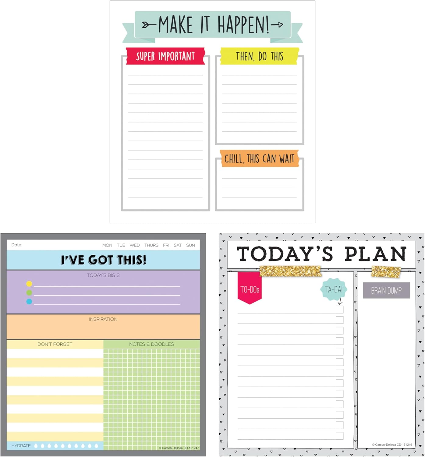Carson Dellosa Notepad 3-Pack Set, Note Pads for To Do List, Sketch Pad, Grocery List, Checklist, and Classroom Organization Stationary, Desk Accessories and Office Supplies