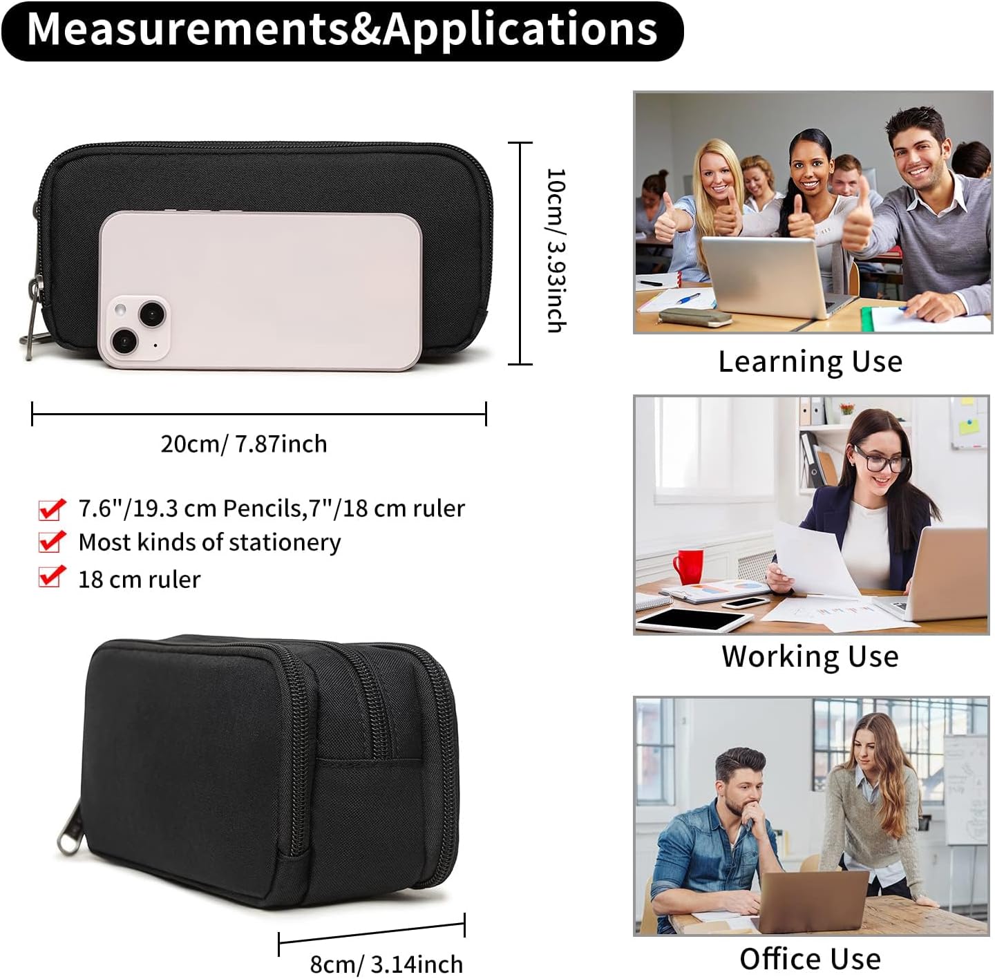 Della Gao Large Capacity Pencil Case, Aesthetic Pencil Pouch with 3 Compartments Nylon Storage Pen Bag Office Stationery Organizer for Women and Men- Black