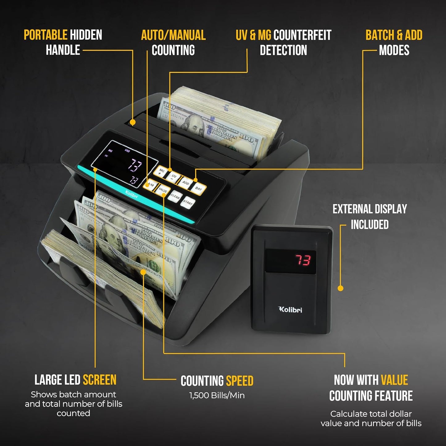 KOLIBRI Money Counter Machine with Advanced Fake Detection & LCD Display | 1,500 Bills per Minute Single-Denomination Cash Counter | Bill Counter Machine (US Customer Support)