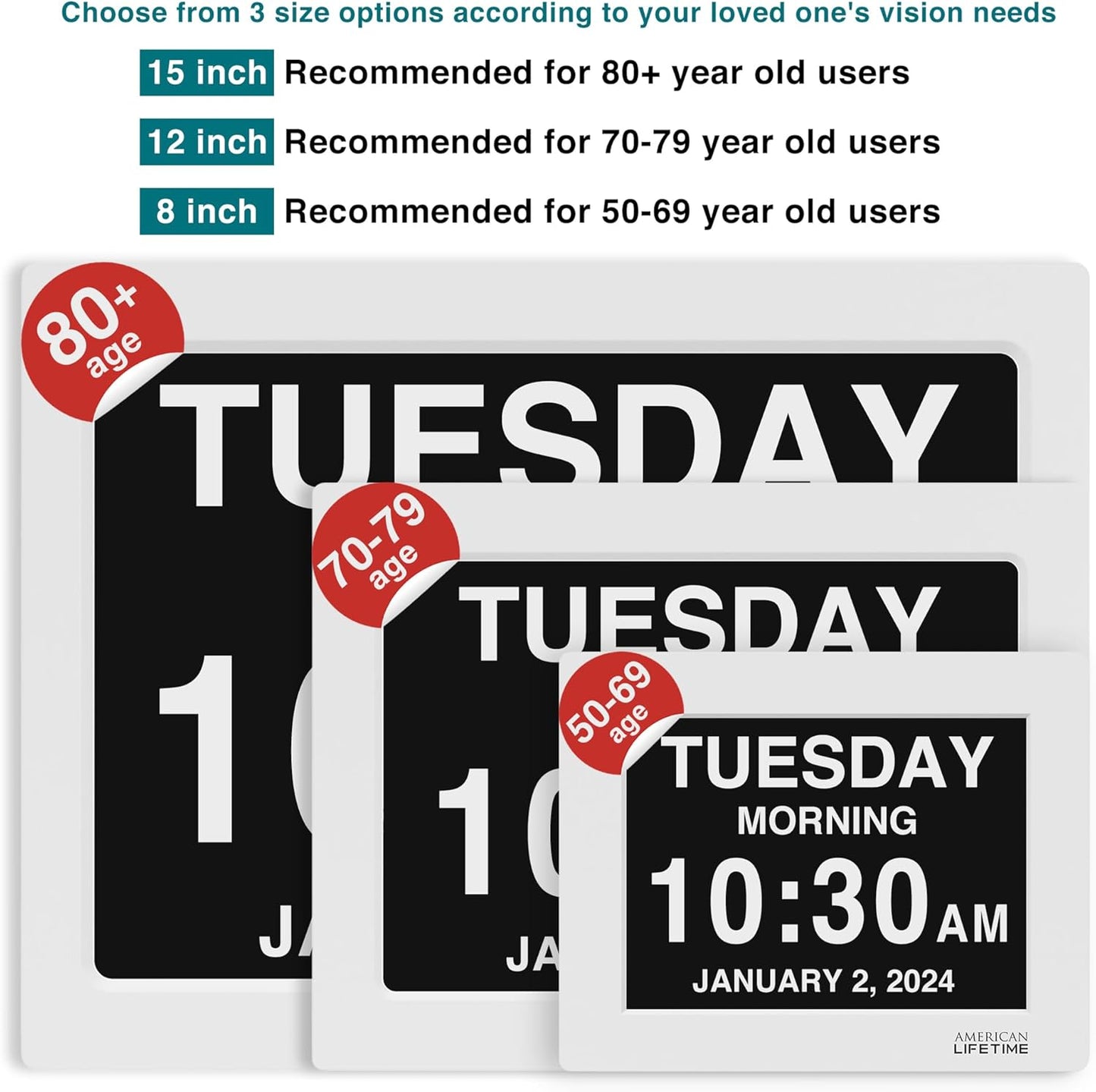 American Lifetime New 2025 Dementia Clock Large Digital Clock for Seniors, Large Display with Custom Alarms, Calendar Clock with Day & Date for Elderly, Clear Numbers Alzheimer Digital Clock White