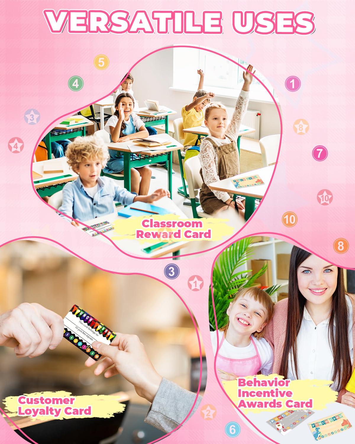 UCEC 200 Pieces Punch Cards with Star + Circle Hole Punchers, Incentive Loyalty Reward Punch Card for Classroom with Handheld Single Punches Kit to Behavior for Business School Kids Students Teachers