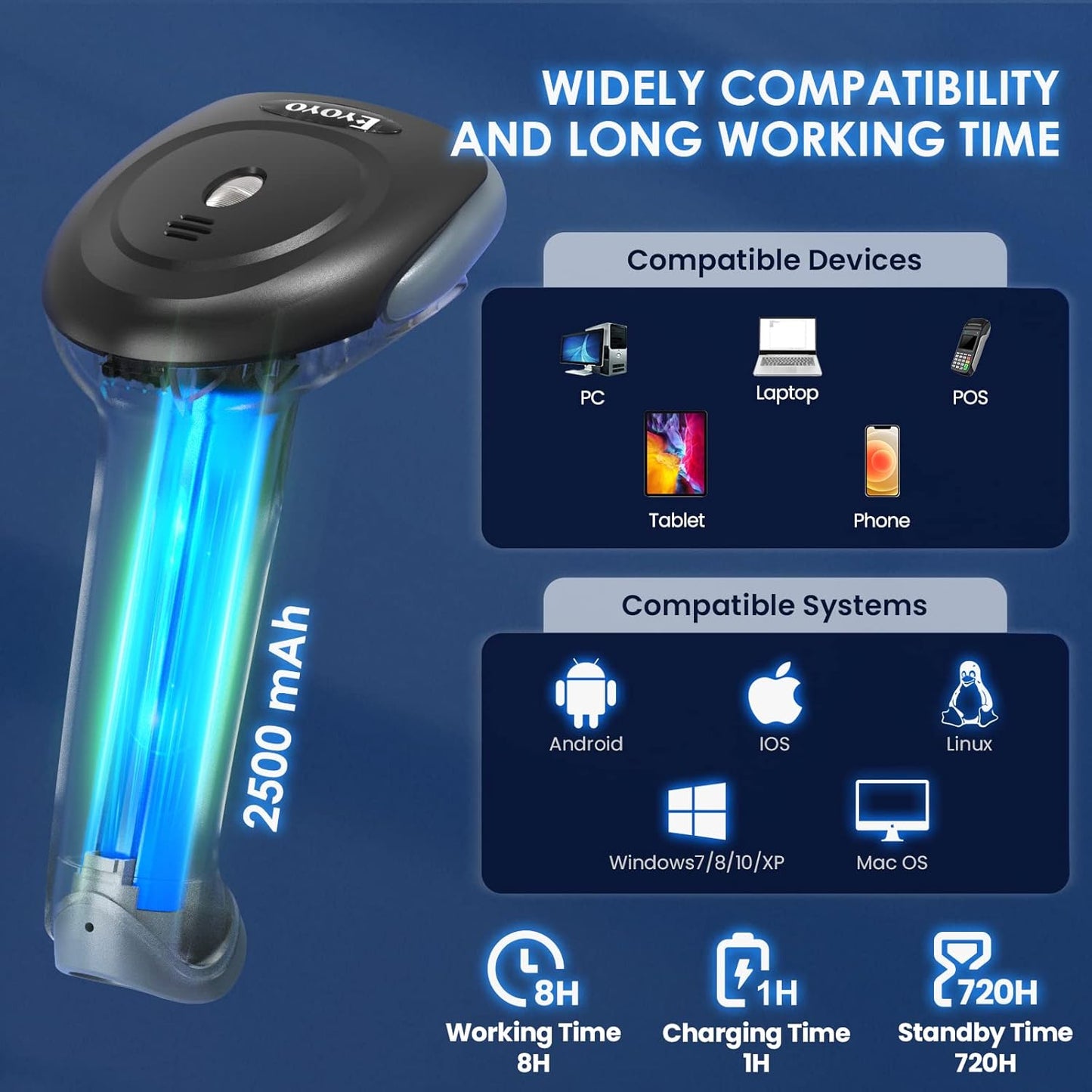 Eyoyo 2D Bluetooth Barcode Scanner Wireless, 2500mAh Handheld Cordless USB Wired QR Bar Code Reader for Library, Warehouse Inventory Compatible with iPad, Android Phone, iPhone, Laptop