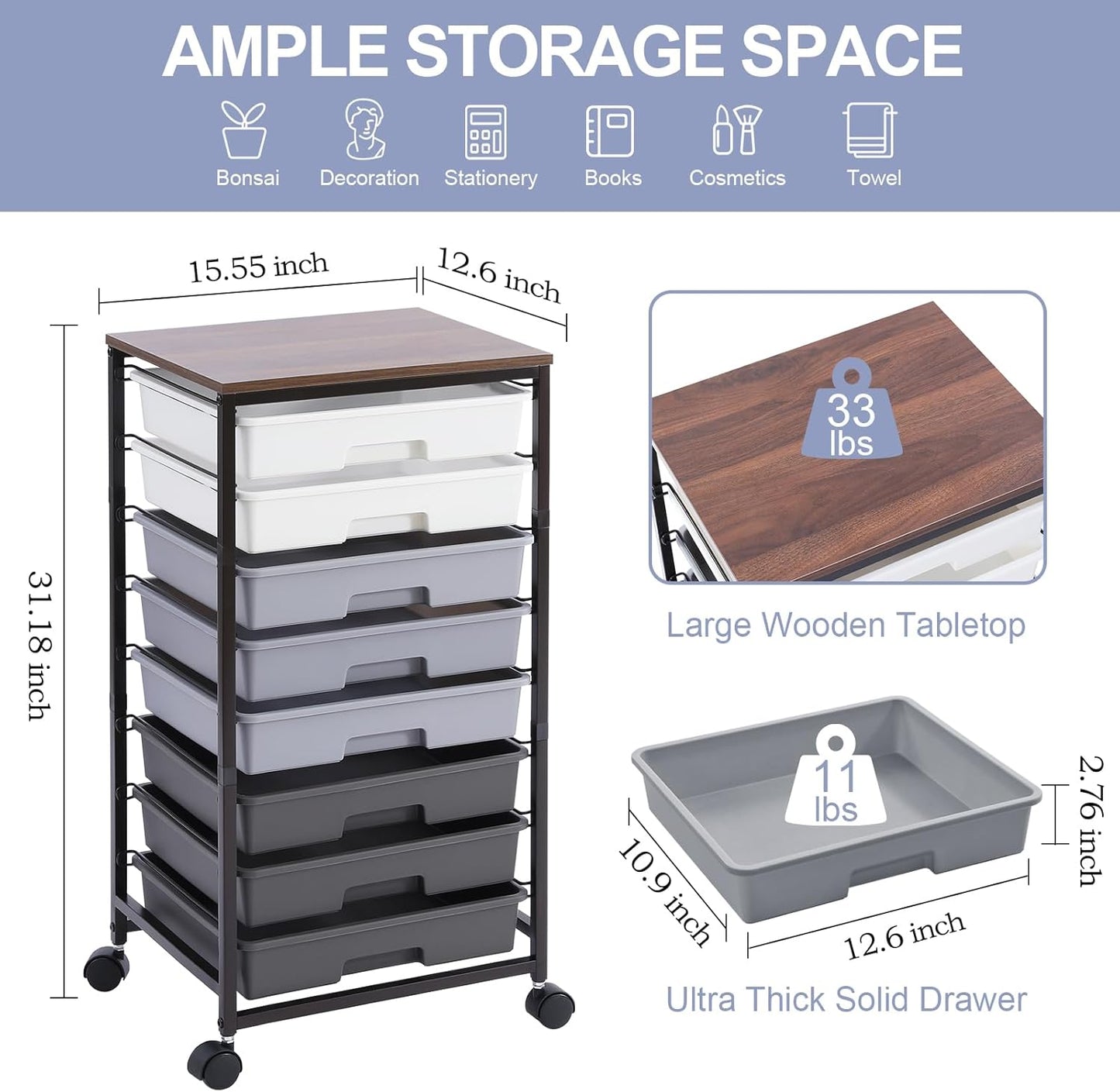 Rolling Cart with Drawers,Utility Cart with 8 Drawers and Wooden Tabletop for Living Room,Classroom,Bedroom,Bathroom,Dorm,Office,Dark Grey
