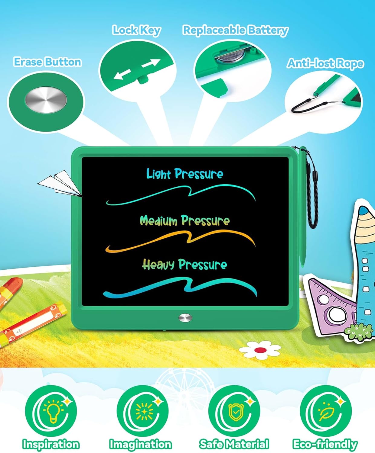 KOKODI 12 Inch LCD Writing Tablet with Anti-Lost Stylus Erasable Doodle Board Colorful Toddler Drawing Pad Car Travel School Games Toys for 3 4 5 6 7 8 Kids Birthday Gift for Girls Boys Adults Green