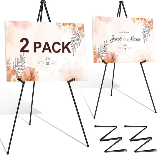 Easel Stand for Display Wedding Sign - 63" Foldable Easel Portable Artist Floor Easel - Easy Folding Telescopic Adjustable Art Poster Metal Stand (2 Pack)