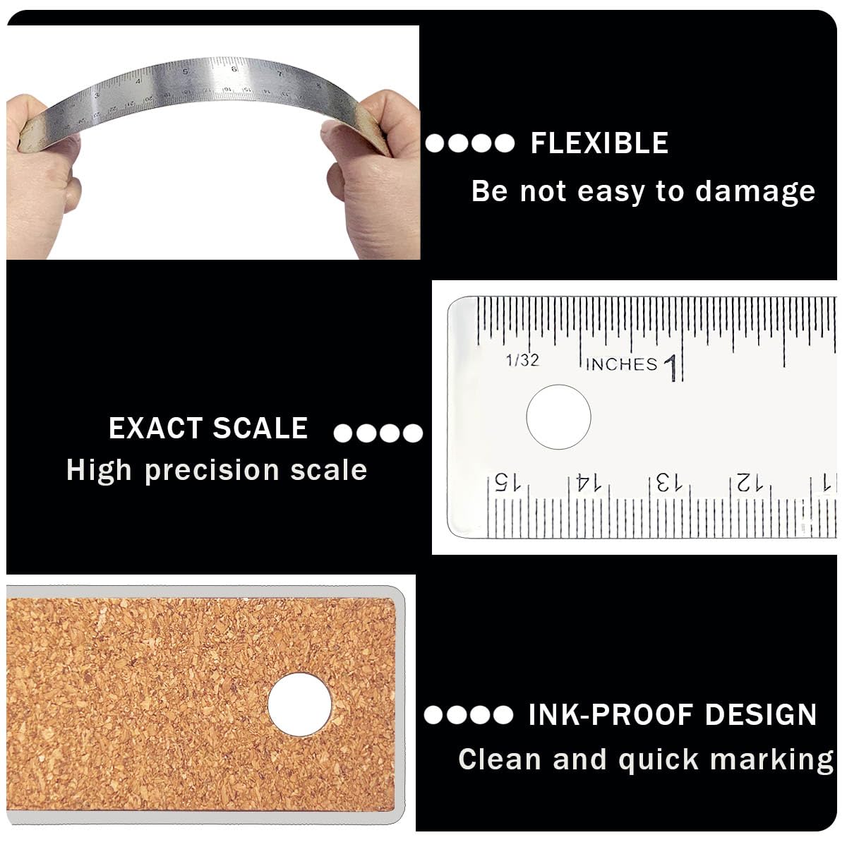 Metal Ruler 6 Inch 12 Inch Stainless Steel Metal Ruler with Cork Backing, Non-Slip Rulers with Inch and Centimeters, Straight Edge Cork Base Rulers for Student School Office Drafting Tools