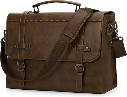 RAINSMORE Mens Messenger Bag 17 Inch Waterproof Vintage Leather Laptop Briefcase Large Laptop Bag Satchel Bag Computer Shoulder Bag for Office Business Travel College,Dark Brown