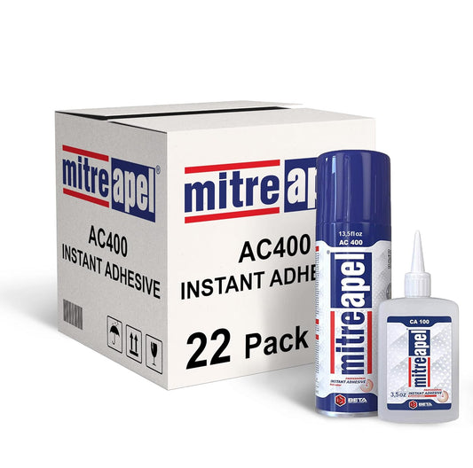 MITREAPEL Super CA Glue (22 x 3.5 oz) with Spray Adhesive Activator (22x13.5 fl oz) Cyanoacrylate CA Glue with Accelerator for Wood, Plastic, Metal, Leather, Ceramic, Crafting&Building (22 Pk)