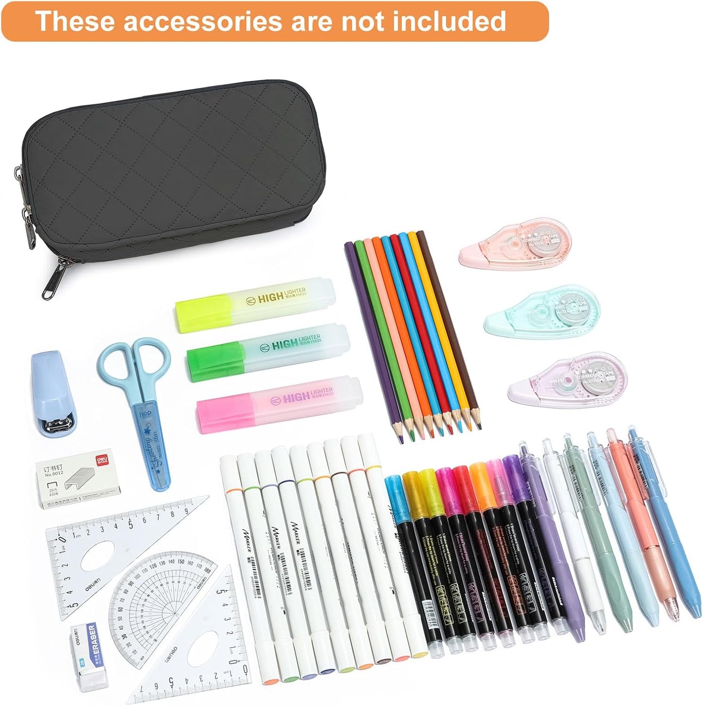 Della Gao Small Pencil Case Large Capacity Pencil Pouch Marker Pen Bag Coin Pouch Office Stationery Organizer (Black-3BKRH)