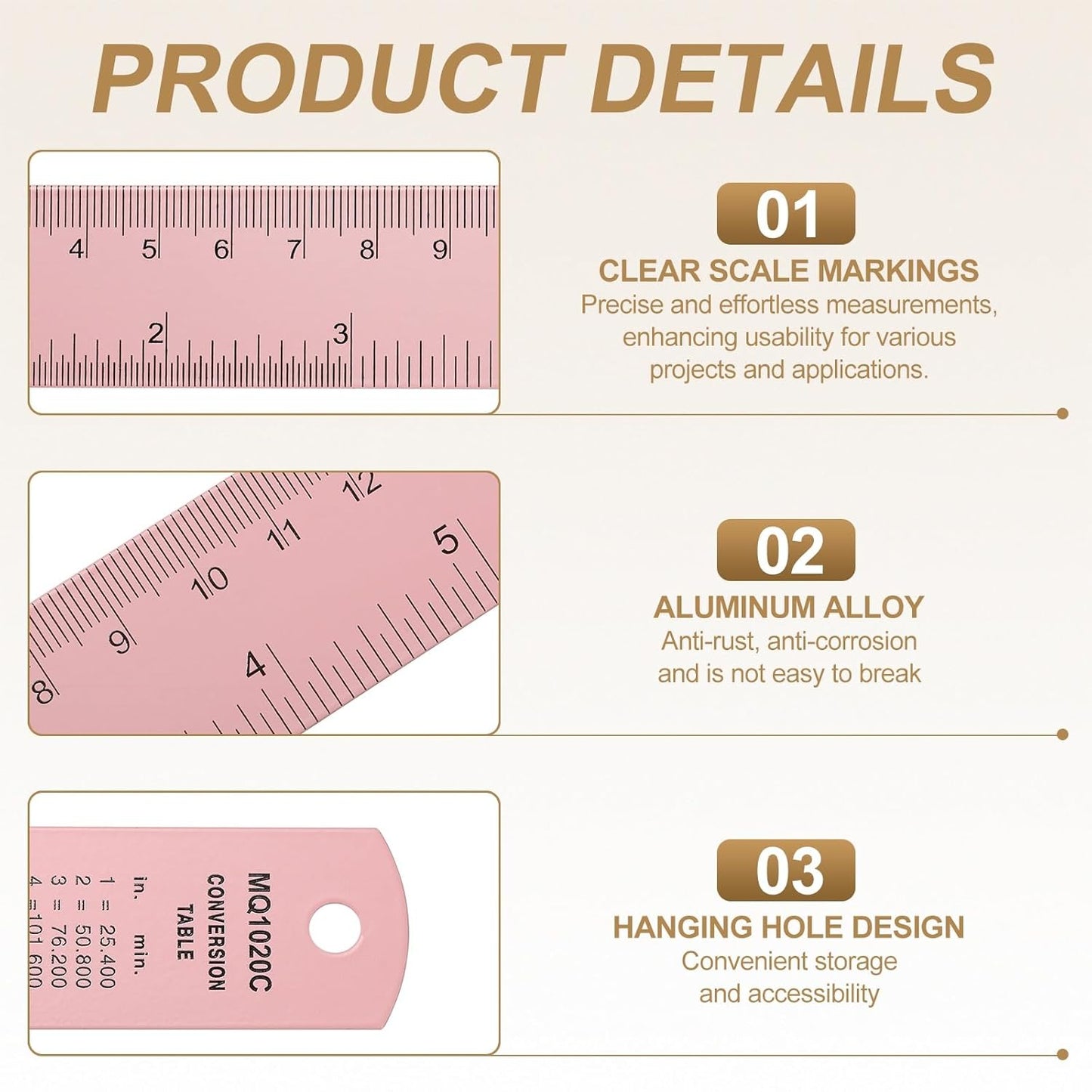 HARFINGTON 6pcs Metal Straight Ruler 30cm Metric SAE Aluminum Alloy Measuring Rulers Scale Tool with Hole for Measure Study Reading Classroom Office, Pink