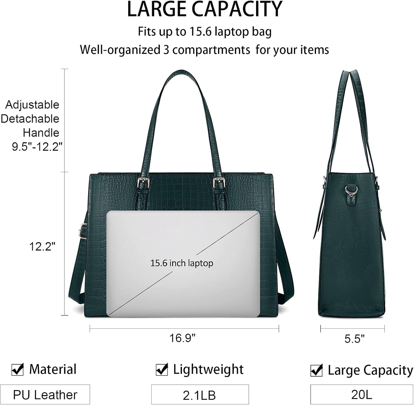 Laptop Bag for Women 15.6 Inch Laptop Tote Bag Leather Classy Computer Briefcase for Work Waterproof Handbag Professional Shoulder Bag Women Business Office Bag Large Capacity Dark Green