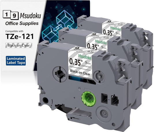 Tze Tz Tape 9mm 0.35 Laminated Clear Compatible for Brother P Touch Clear Label Maker Tape TZe-121 TZe121 Label Tape for PT D200 D210 D220 D400, Black on Clear, 3/8 Inch x 26.2 Feet, 3-Pack
