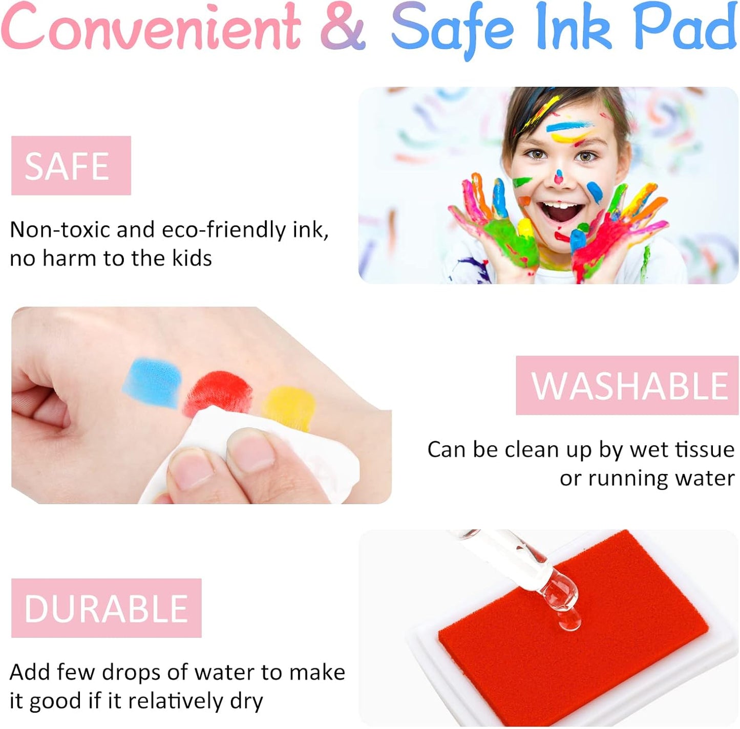 Fstaor 16 Colors Washable Stamp Ink Pads for Kids Crafts, Fingerprint Ink Pads for Stamps on Paper, Fabric, Wood & DIY Art Projects (16 Pack)