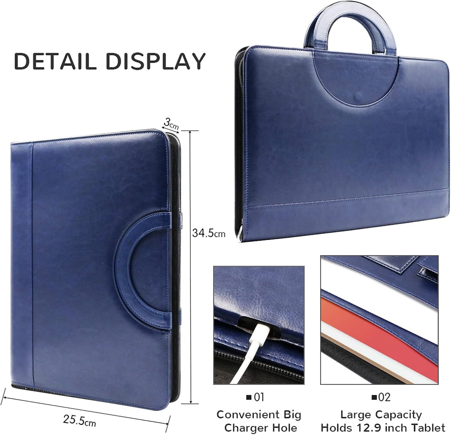 Darolin Zippered Leather Padfolio Portfolio with [Hidden Handle] and [Clipboard], Business Conference Organizer Notepad Folder, Portfolio Bag for Women/Men (Blue)