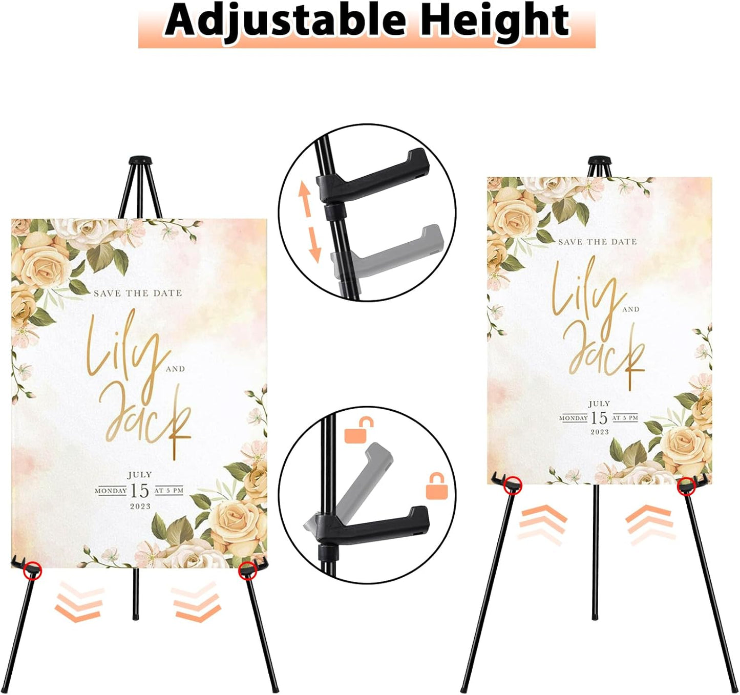 Easel Stand for Display Wedding Sign - 63" Foldable Easel Portable Artist Floor Easel - Easy Folding Telescopic Adjustable Art Poster Metal Stand (2 Pack)