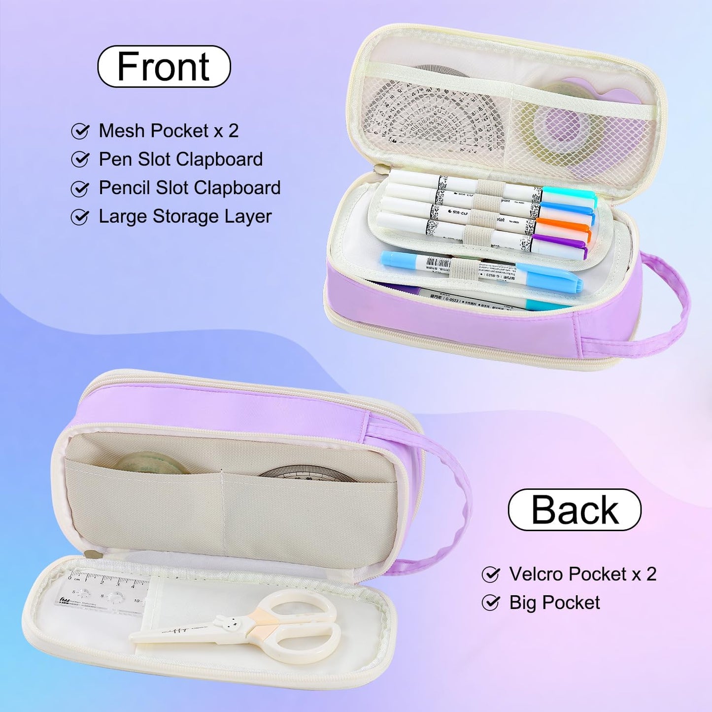 Pencil Case Large Zipper Pencil Pouch for Girls Kids Teens Adults Aesthetic Pencil Bag Stationery Organizer Pencil Case with Handle for School Purple