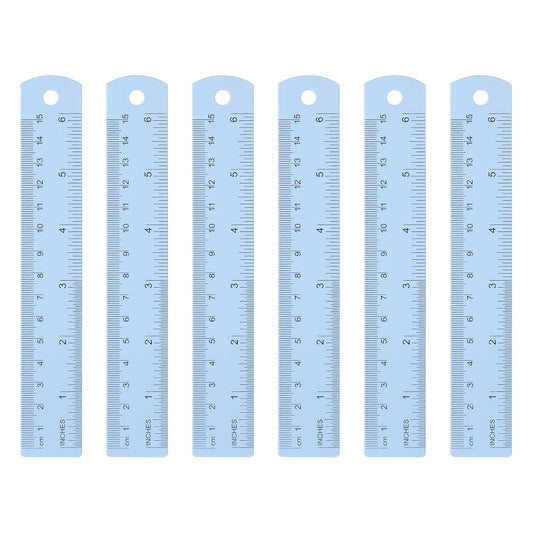 HARFINGTON 6pcs Metal Straight Ruler 15cm Metric SAE Aluminum Alloy Measuring Rulers Scale Tool with Hole for Measure Study Reading Classroom Office, Light Blue