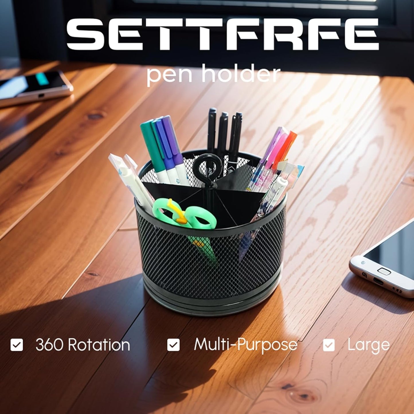 SETTFRFE Rotating Pen Holder for Desk,Supplies Organizer pencil Caddy,6 Compartments Desk Organizer,Black (Metal Mesh Style)