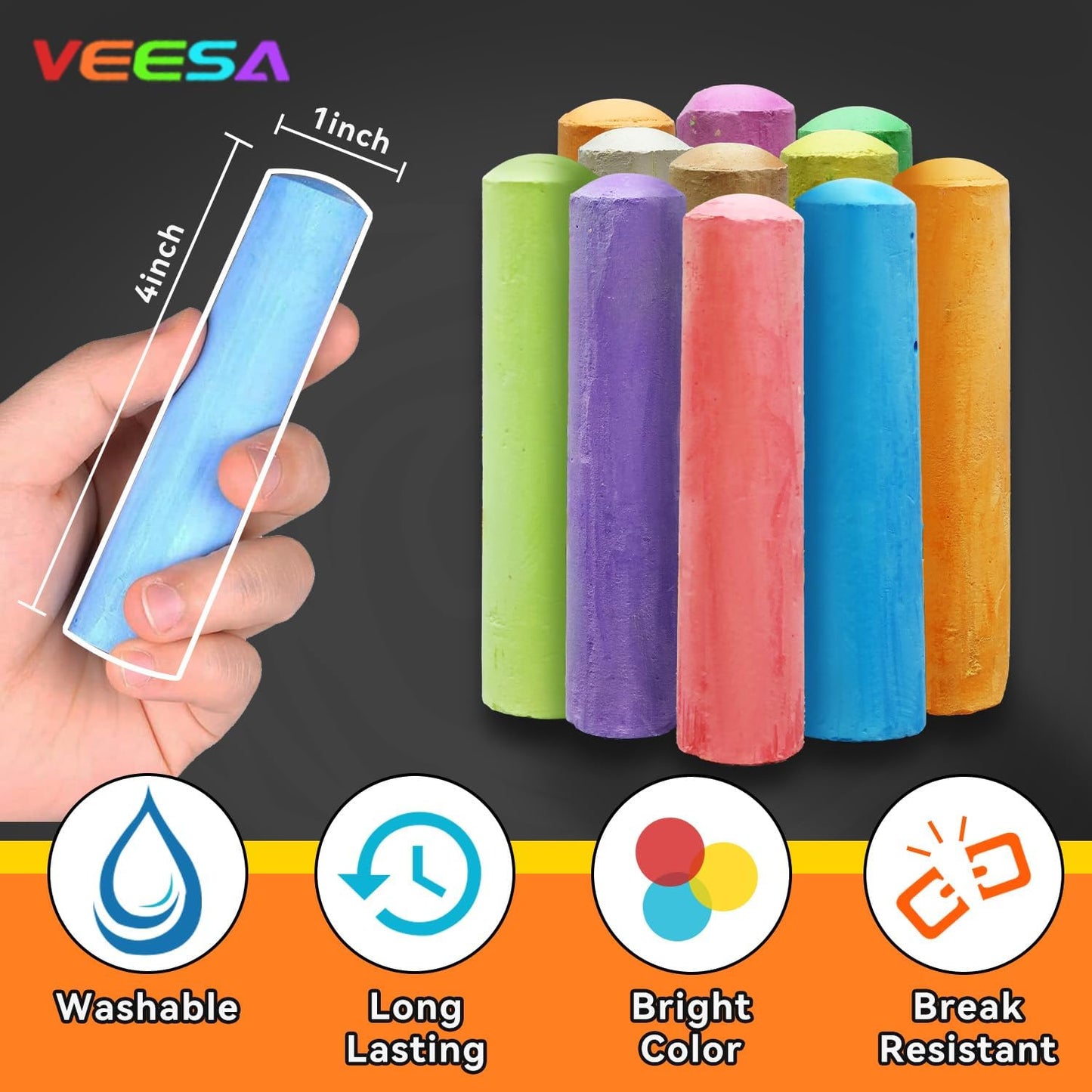 VEESA Sidewalk Chalk for Kids (52 PCS), Washable & Non-Toxic, 10 Colors Jumbo Chalk Bulk for Chalkboard, Blackboard, Driveway, Playgroud, Outdoor Actitvities