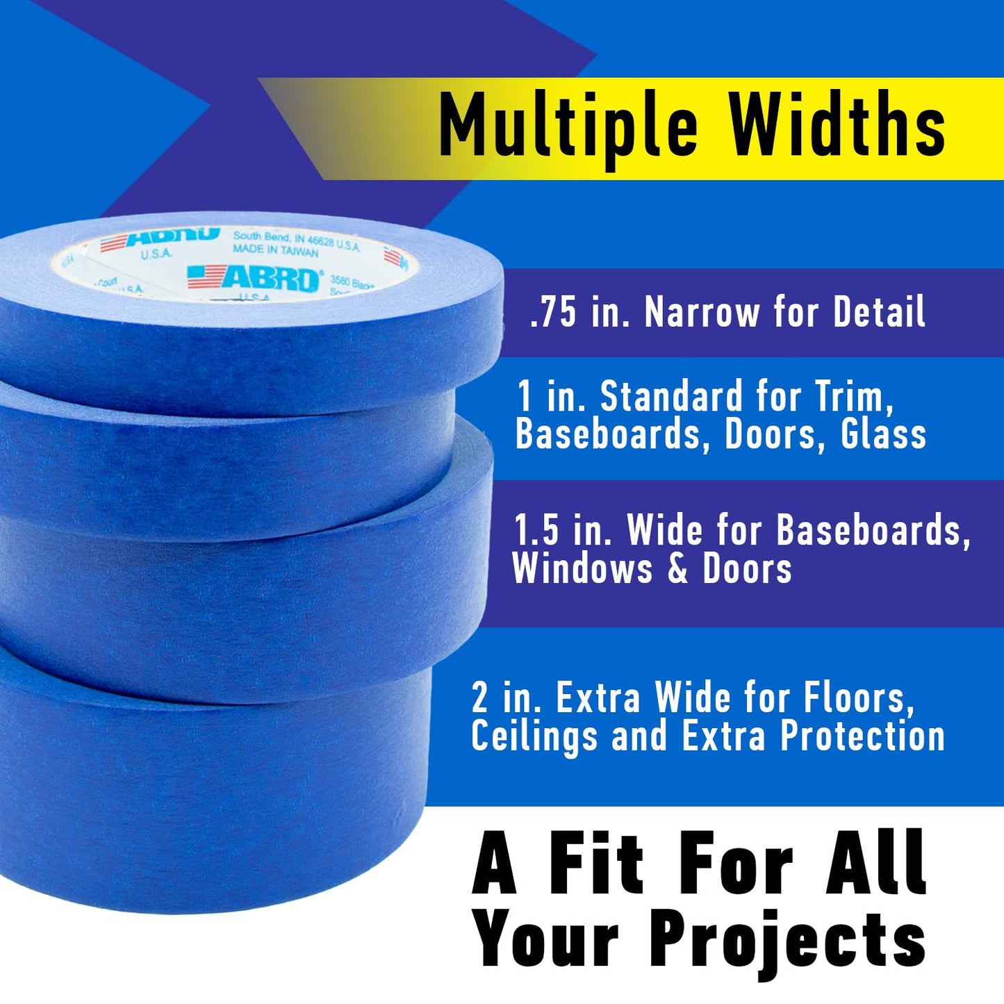 ABRO Blue Painters Tape 1.5 Inch Wide, 36mm x 55M, All Purpose Blue Tape, Temporary Labeling, Easy Tear, Clean Removal, Masking Tape Colored DIY or Pro - 3 Pack