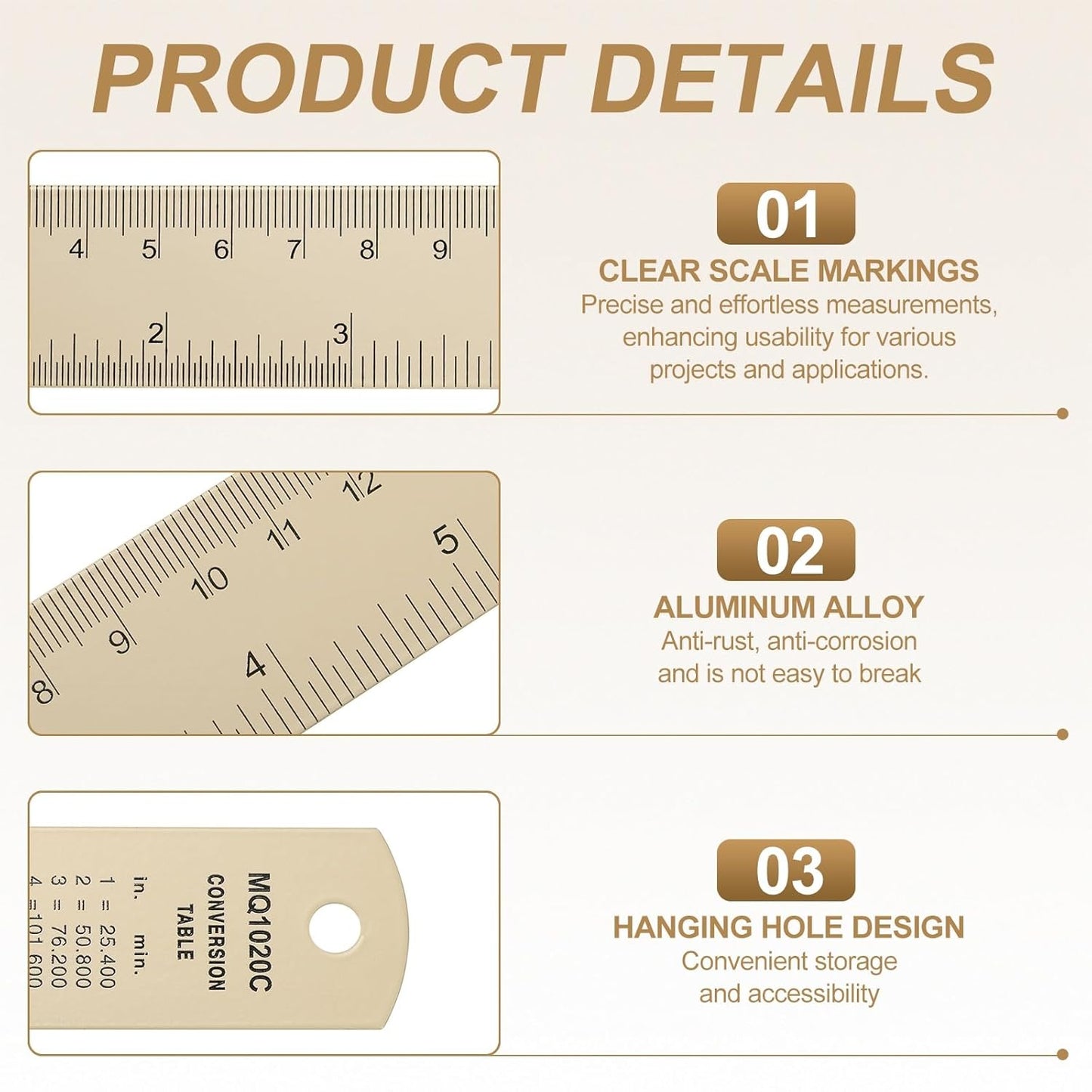 HARFINGTON 6pcs Metal Straight Ruler 30cm Metric SAE Aluminum Alloy Measuring Rulers Scale Tool with Hole for Measure Study Reading Classroom Office, Beige