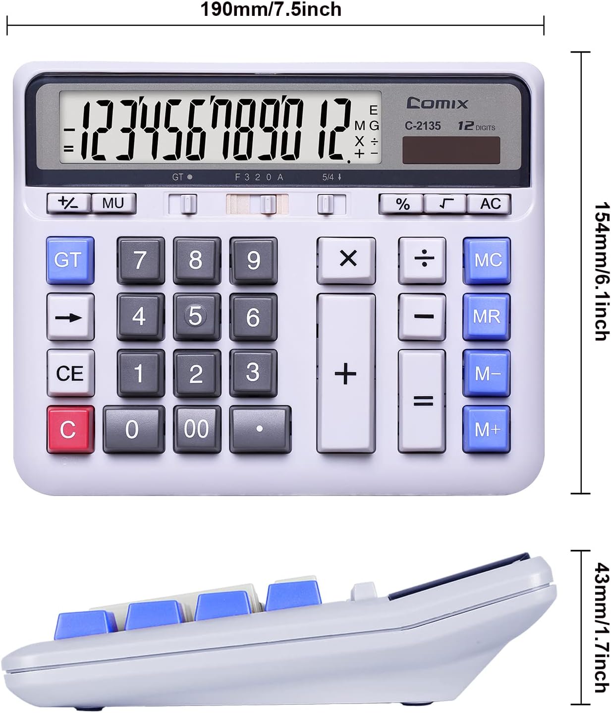 Comix Desktop Calculator Solar Battery Dual Power with 12-Digit Large LCD Display and Large Computer Keys Standard Function Calculator for Home Office School, White(2 Pack)