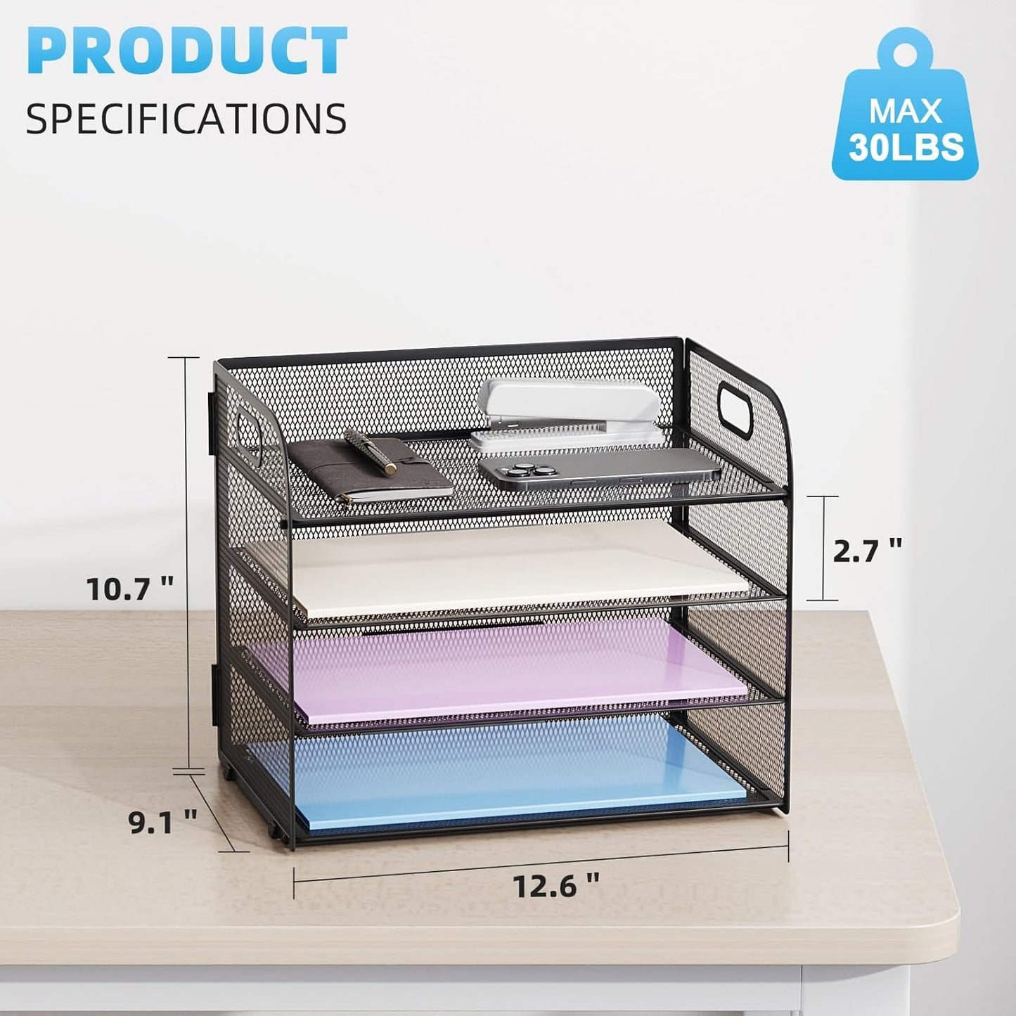 Marbrasse 2 Pack 4 Tier Paper Organizer Letter Tray - Mesh Desk File Organizer with Handle, Paper Sorter Organizer for Letter/A4 Office File Folder Holder (Black, 12.6" x 9.1" x 10.7")