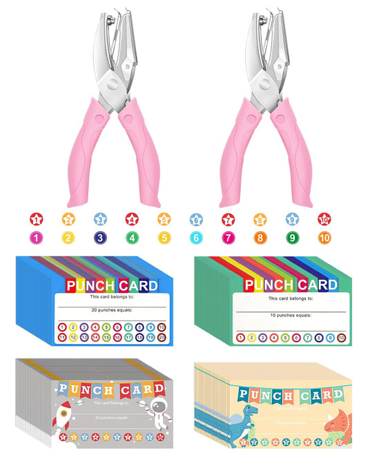 UCEC 200 Pieces Punch Cards with Star + Circle Hole Punchers, Incentive Loyalty Reward Punch Card for Classroom with Handheld Single Punches Kit to Behavior for Business School Kids Students Teachers