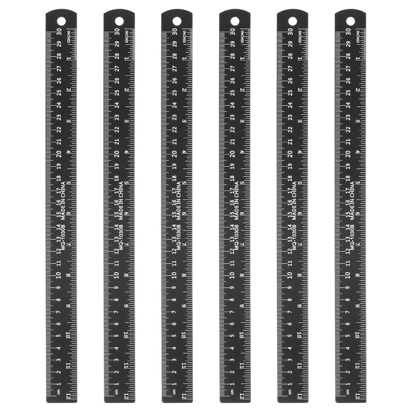 HARFINGTON 6pcs Metal Straight Ruler 30cm Metric SAE Aluminum Alloy Measuring Rulers Scale Tool with Hole for Measure Study Reading Classroom Office, Black