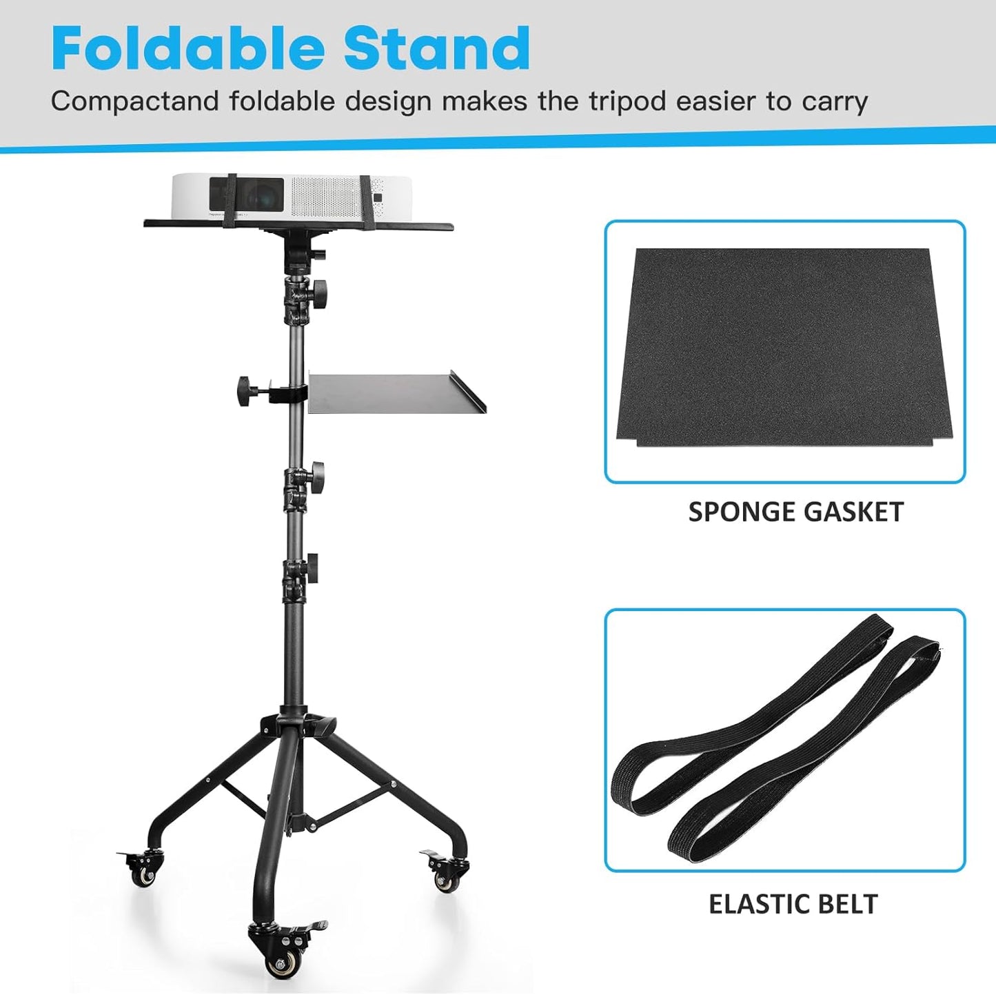 Portable Laptop & Projector Stand with Phone Holder and Mouse Tray ，Adjustable Height Tripod Stand for Laptop, Projector, DJ, Sheet Music，Black