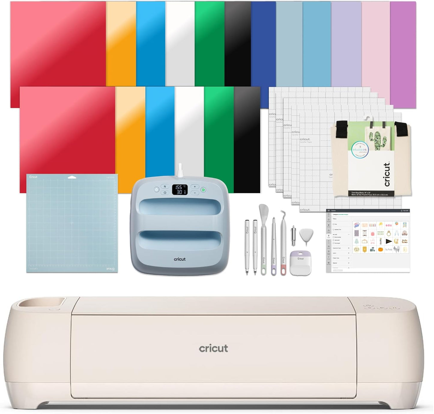 Cricut Explore 4 - Smart Cutting Machine (Seashell) | Engagement Plus Bundle - Includes EasyPress 3 Heat Press (9x9) + Mat, Tote Bag, Material Samplers, Machine Mat, Pens, Tools, & 25 Digital Images