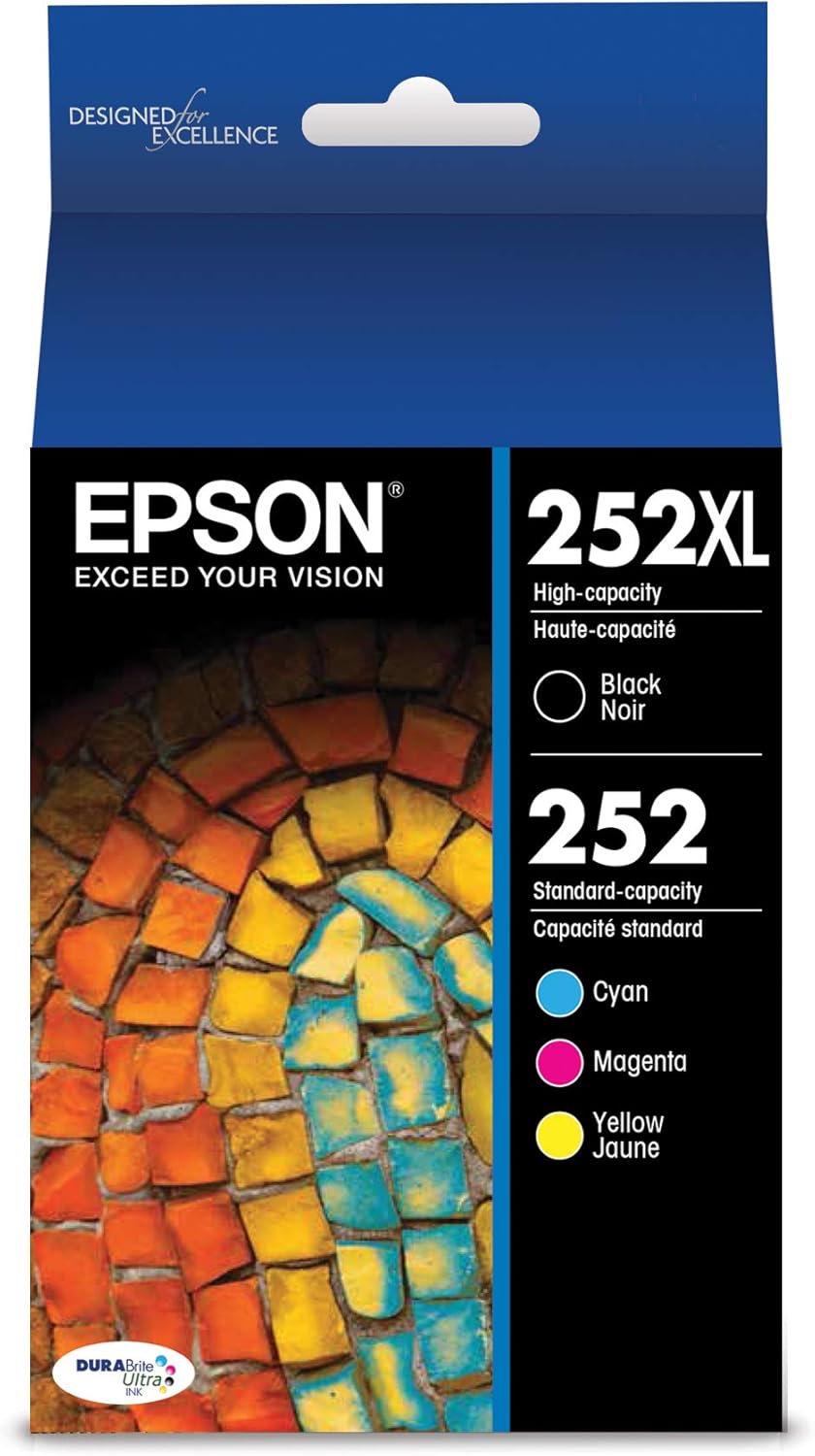 Epson® Workforce® Pro WF-4820 Wireless Color Inkjet All-in-One Printer, Black, Large & T252 DURABrite Ultra Ink High Capacity Black & Standard Color Cartridge Combo Pack (T252XL-BCS)