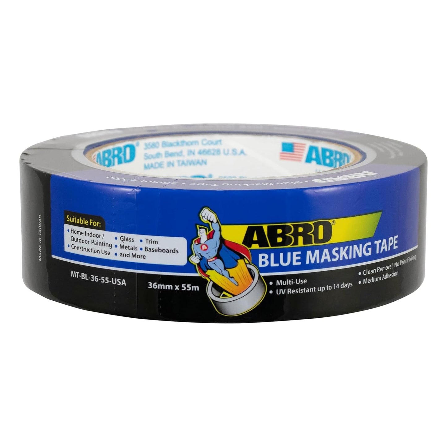 ABRO Blue Painters Tape 1.5 Inch Wide, 36mm x 55M, All Purpose Blue Tape, Temporary Labeling, Easy Tear, Clean Removal, Masking Tape Colored DIY or Pro
