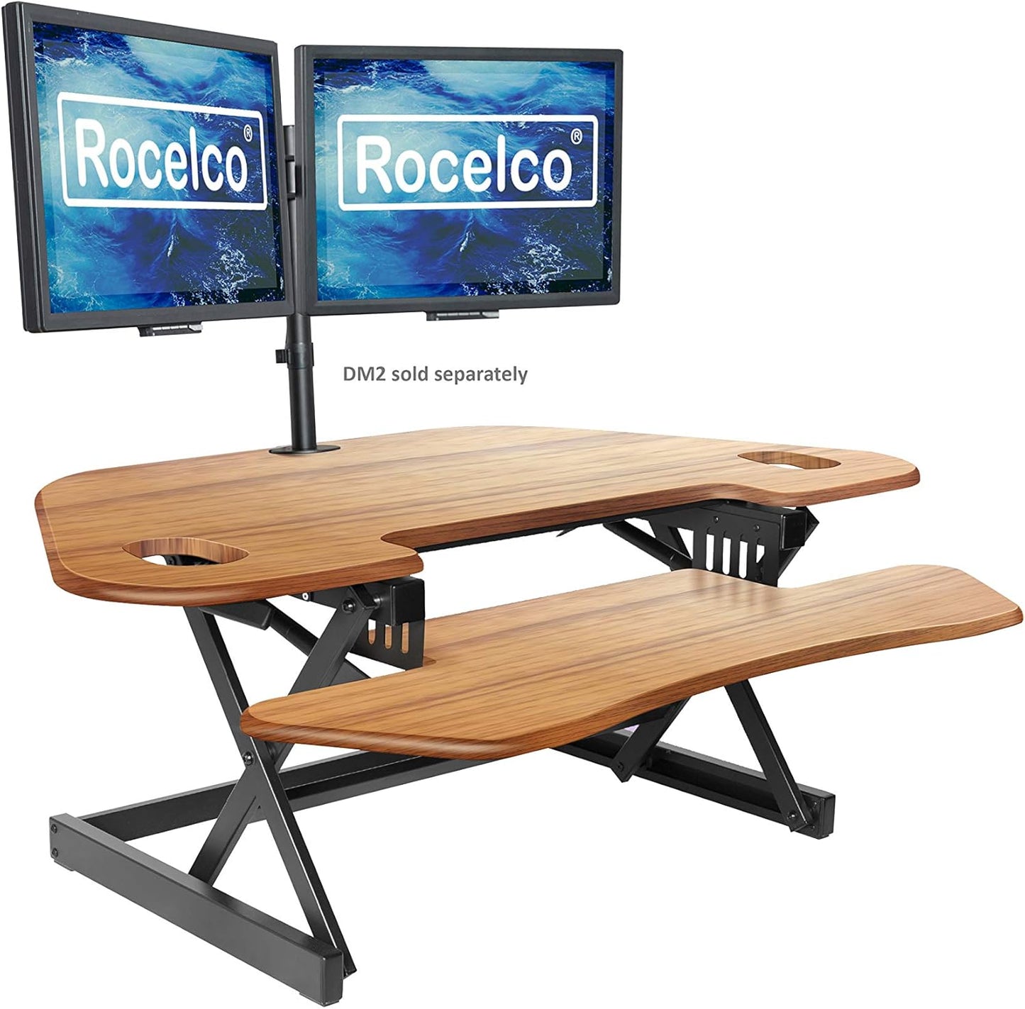 Rocelco 46" Large Height Adjustable Corner Standing Desk Converter - Quick Sit Stand Up Dual Monitor Riser - Gas Spring Assist Computer Workstation - Wide Keyboard Tray - Teak Wood Grain (R CADRT-46)