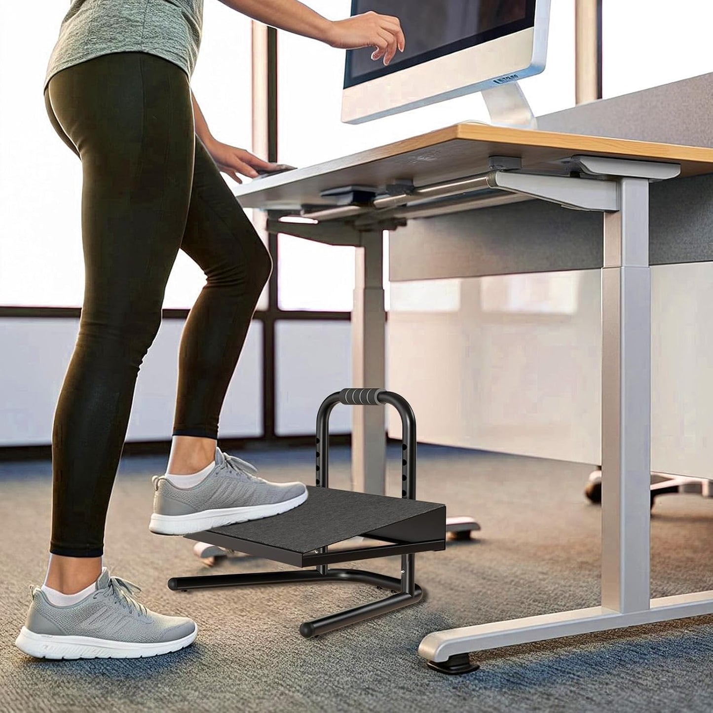 Height Adjustable Standing Foot Rest with Soft Grip Handle,Under Desk Footrest for Standing and Sitting,All-Steel Construction,Black