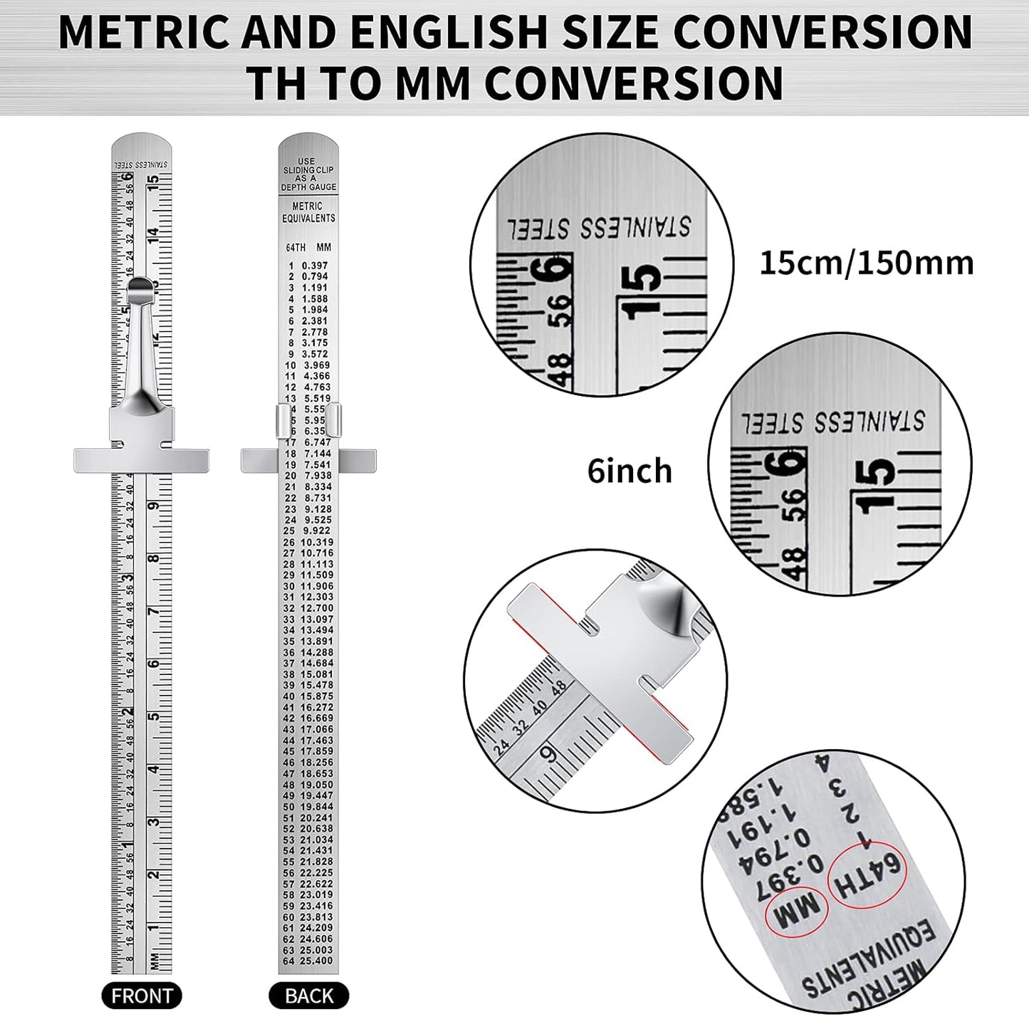 6 Inch 15 cm Pocket Ruler Flexible Precision Stainless Steel Ruler with Detachable Clips Stainless Steel Pocket Clip Scale Gauge Metric British System(10 Pieces)