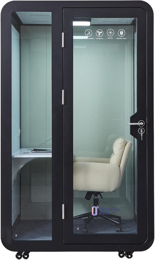 GEARONIC Mobile Office Pod Booth, Sound Proof Booth for Home, Mobile Roller with Desk, LED Light, Fans and AC USB Ports (Black Obsidian)
