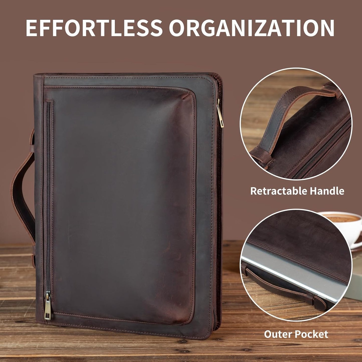 Handmade Vintage Crazy Horse Leather Portfolio Letter (A4) Size Notepad,Business Organizer Padfolio with Handle, for iPad Pro/Microsoft Surface Pro/13 inch Tablet (Non-Custom, Dark Brown)
