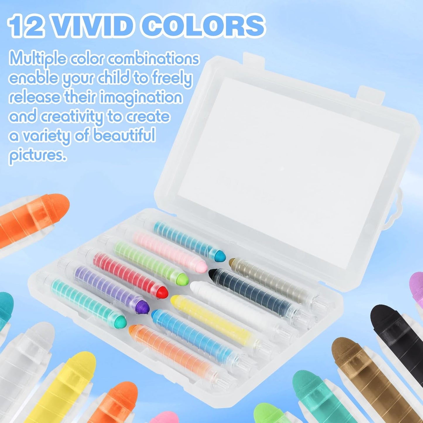 Dustless Chalk for Kids - 12 PCS Colored Non-toxic Twistable Sidewalk Chalk with Holder, Dust-free Washable Toddler Chalk, Art Tool for Children Outdoor Blackboard Drawing Writing (Plastic Box-Packed)